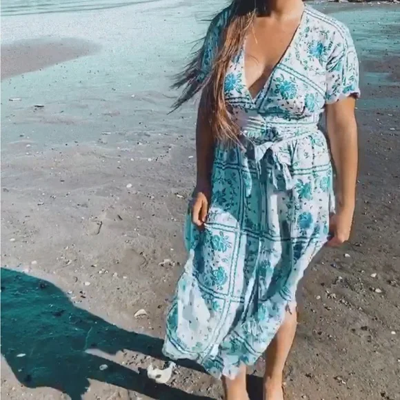 Urban Outfitters | Dresses | Uo Gabrielle Woven Midi Wrap Dress Blue  Mediterranean Print Dress | Poshmark